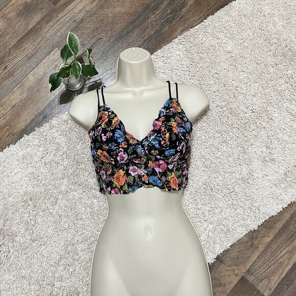 Victoria's Secret PINK Medium Black Vibrant Floral Lace Strappy Smocked Bralette - Picture 1 of 7